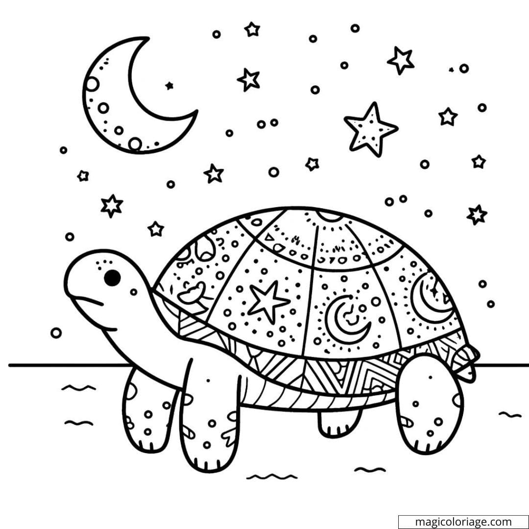Turtle with stars and moons to color for children.