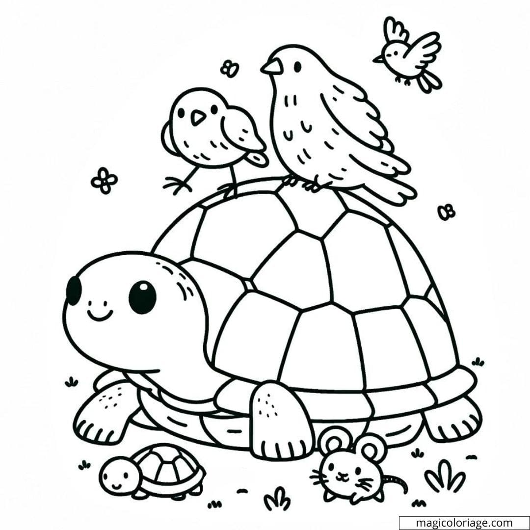 Turtle with little animal friends to color.