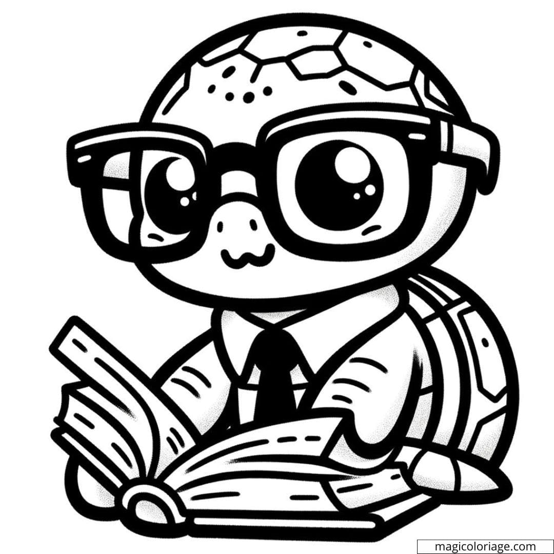 Turtle reading a coloring book.