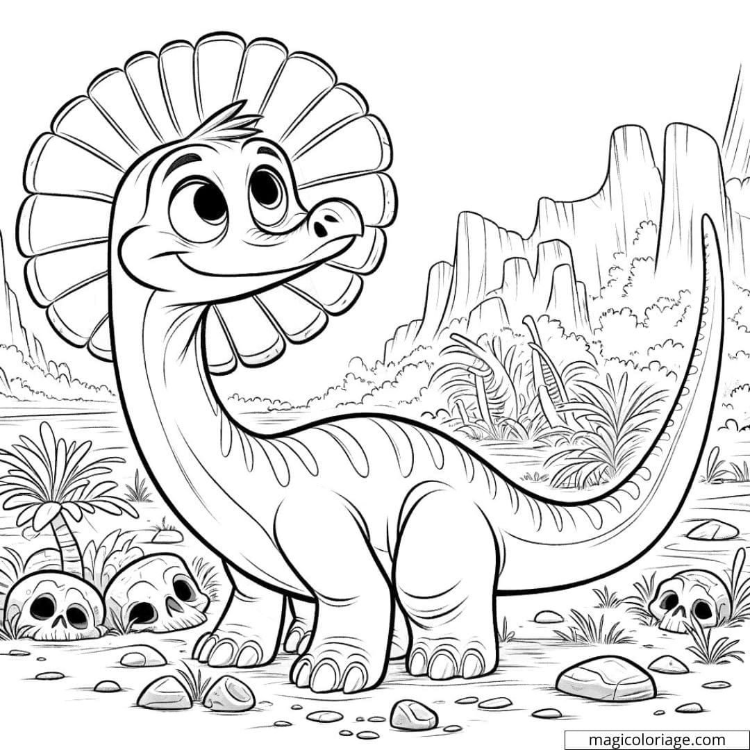 Troodon explorant un champ de fossiles, à colorier