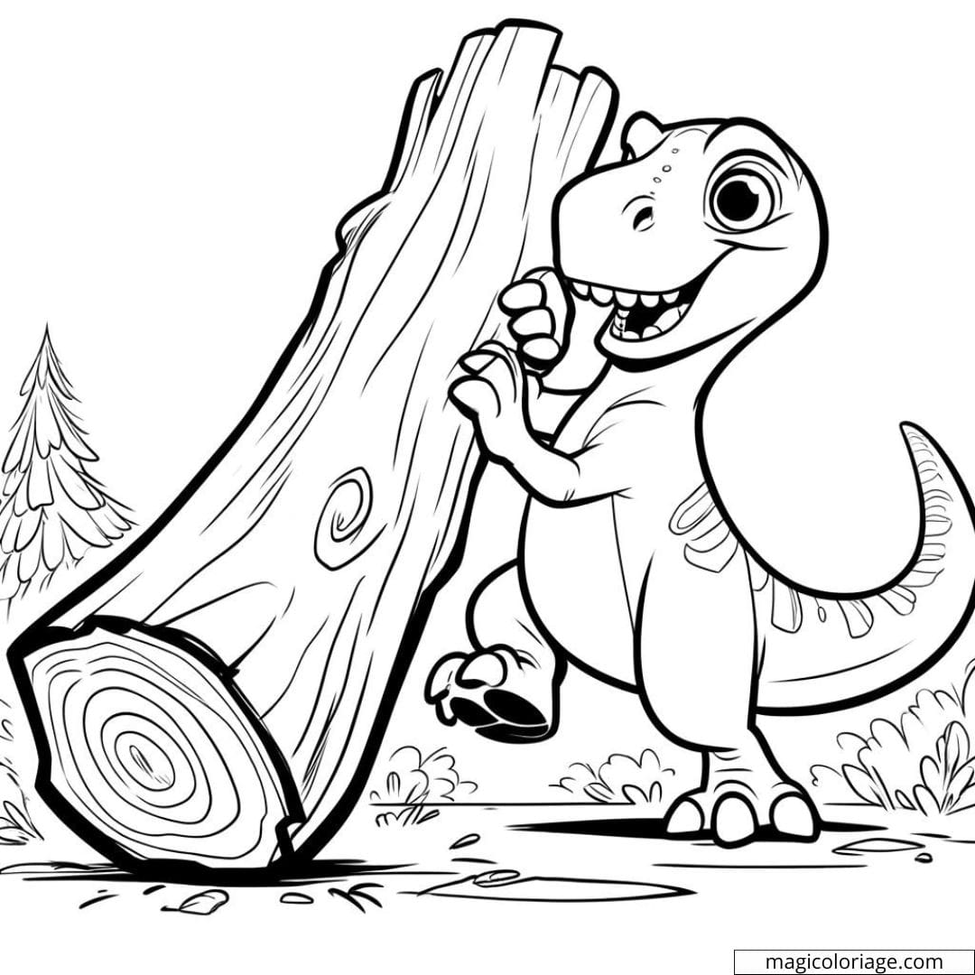 Tyrannosaure jouant avec un tronc, dessin à colorier