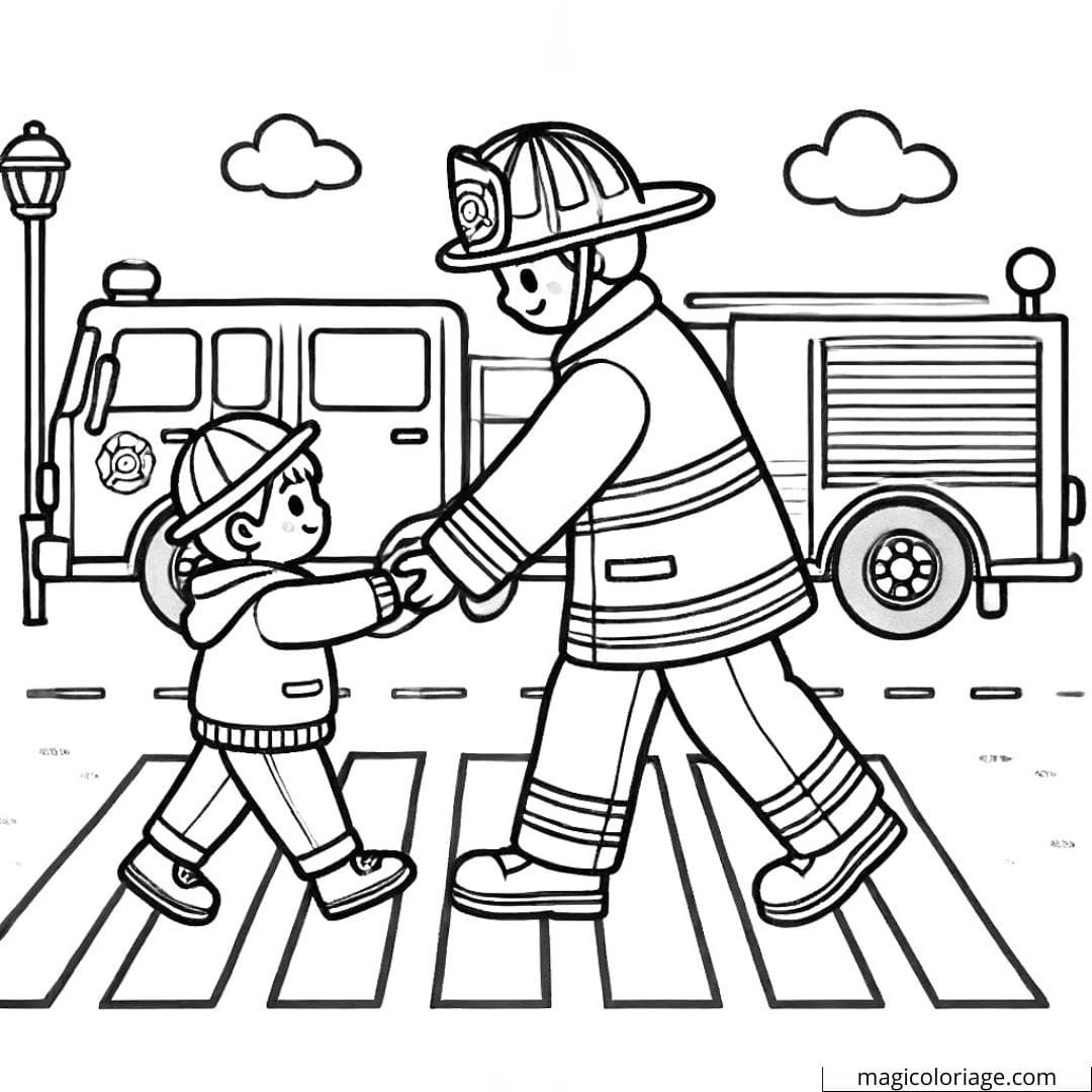 Coloring drawing of a firefighter helping a child cross the street