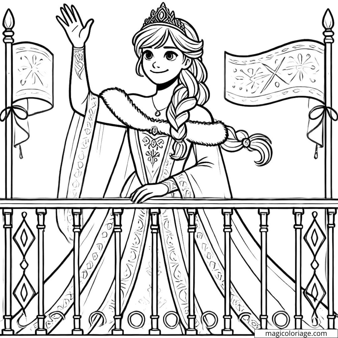 Coloring page Elsa the snow queen waving from the balcony, Elsa coloring drawing to print