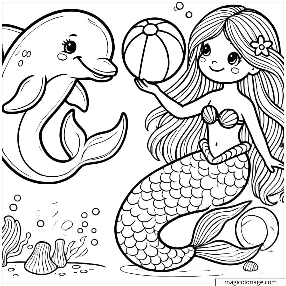Dolphin and mermaid coloring page playing with a ball, drawing to print.
