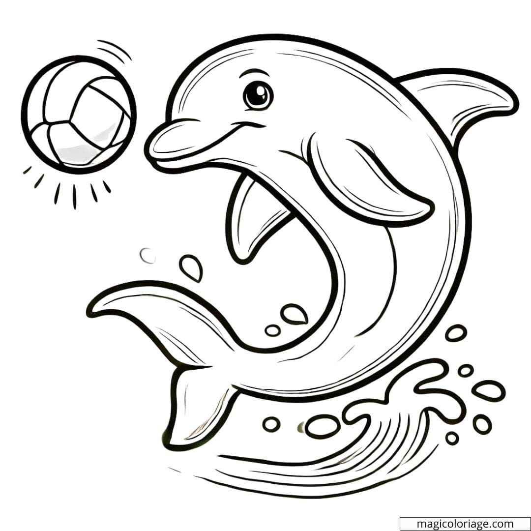 Dolphin coloring page playing with a ball, drawing to print.