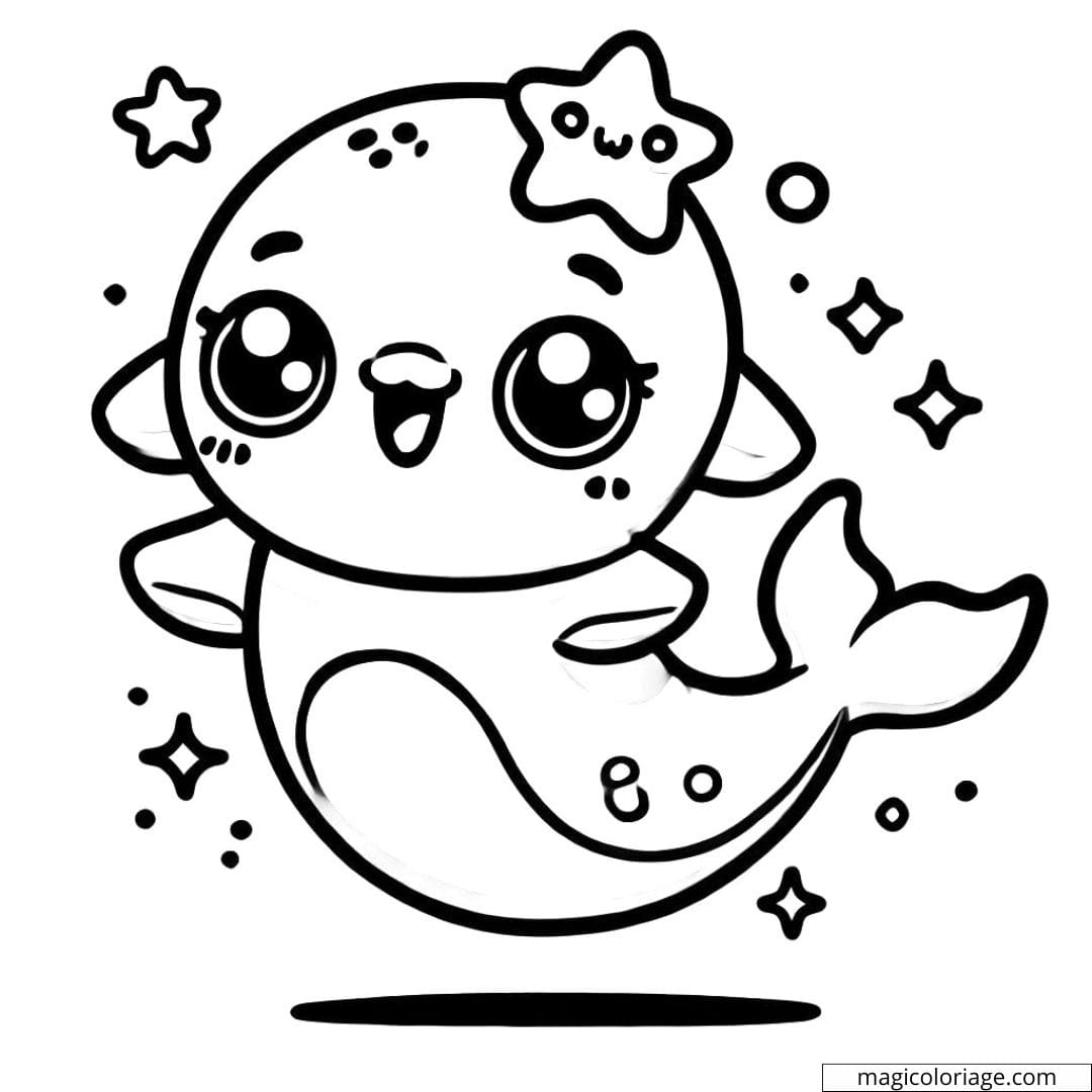 Kawaii dolphin coloring page with a starfish on its head, drawing to print.