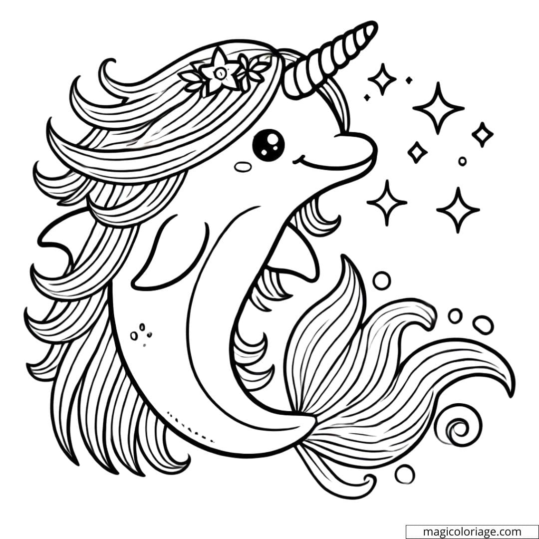 Dolphin coloring page with unicorn horn and floating mane, drawing to print.