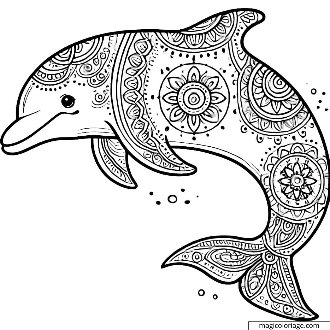Dolphin coloring page with mandala patterns on the fins and tail, drawing to print.