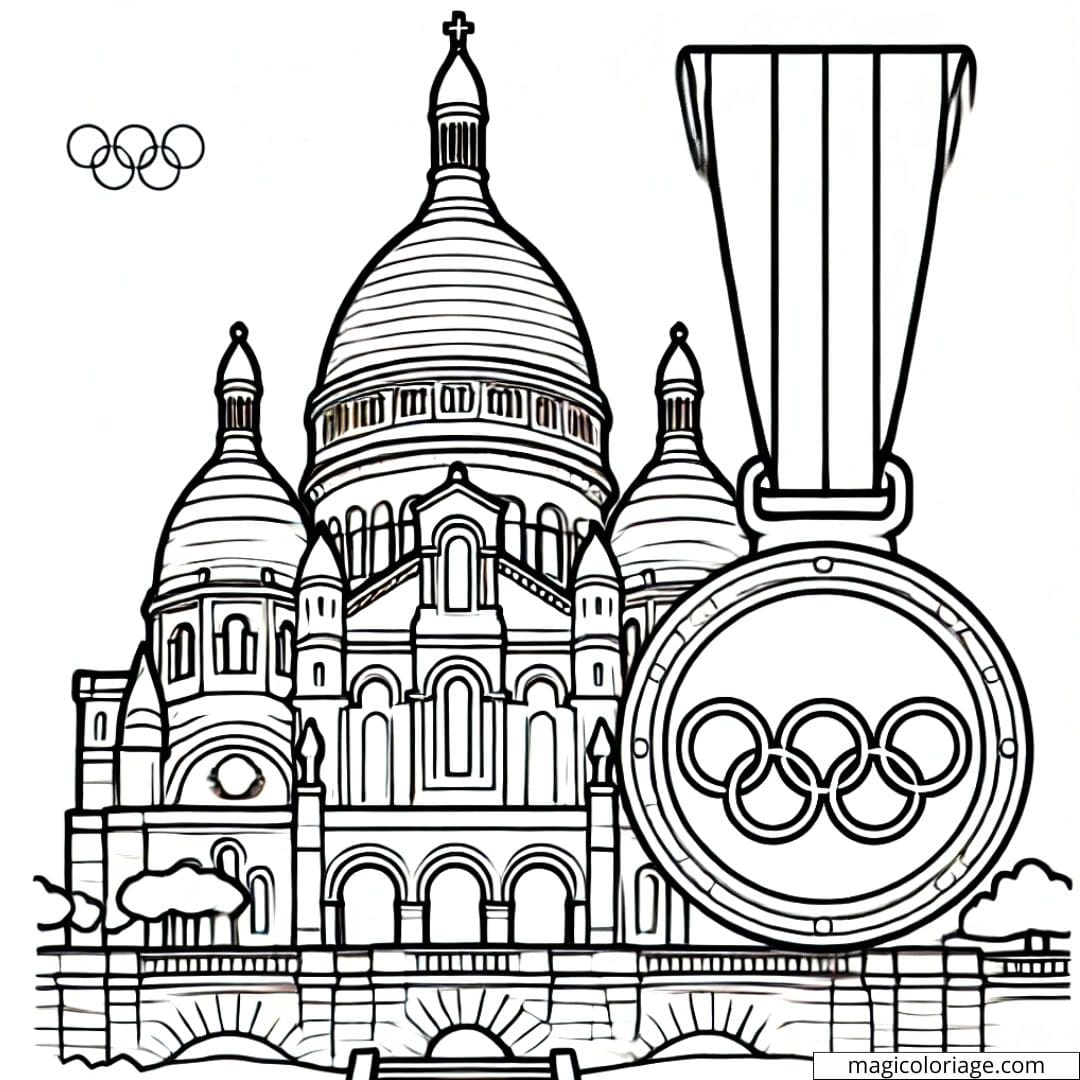 Coloring drawing of the Olympic medal in front of the Sacred Heart, ideal for children and fans of the 2024 Olympic Games.