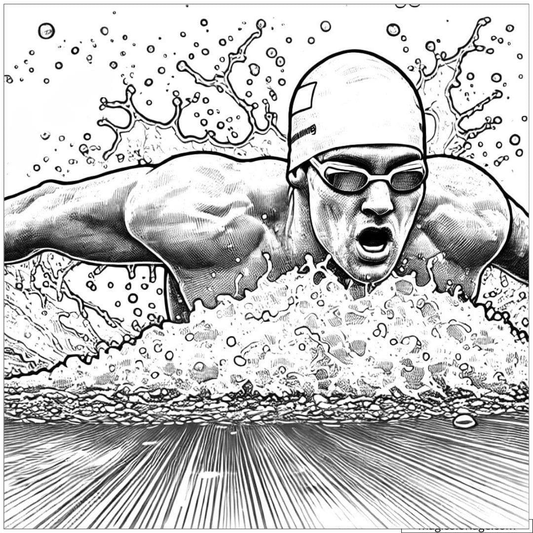 Olympic swimmer in action, captured in a detailed black and white drawing, with splashing water and strong forward motion.