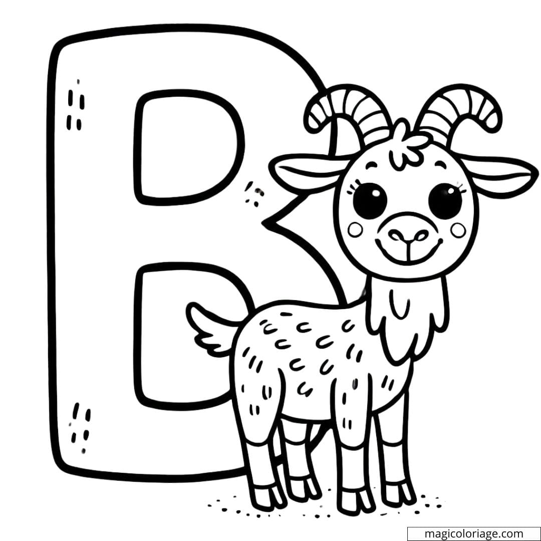 Letter B coloring page with a friendly goat, perfect for children's activities.