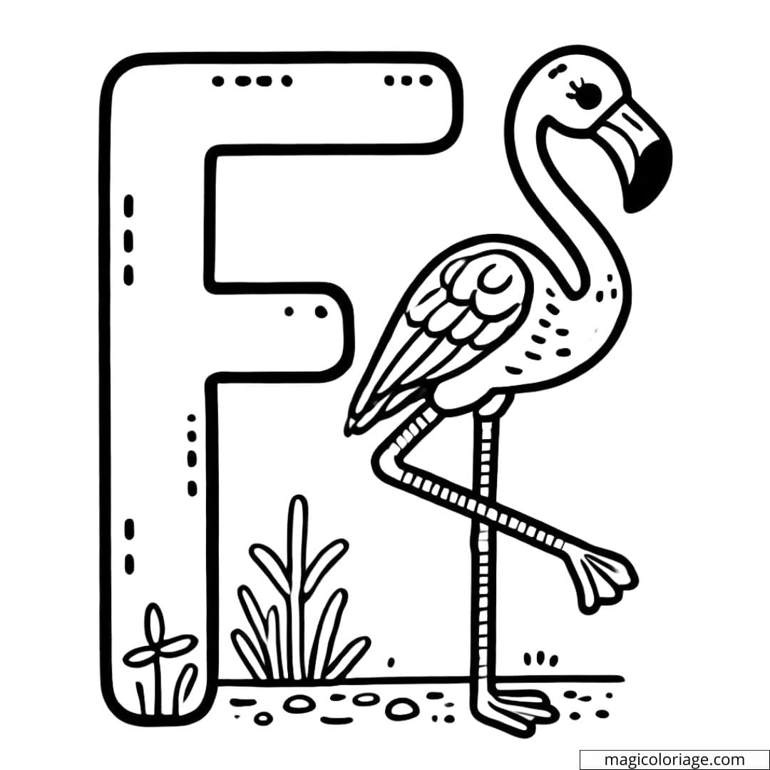 Coloring letter F with a flamingo, perfect for children's activities.