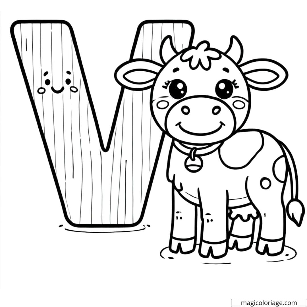 Letter V coloring page with a spotted cow, perfect for children's activities.