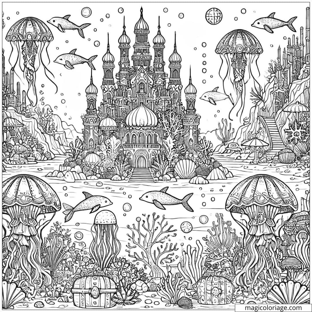 Coloriage royaume sous-marin, dessin à colorier avec palais de coquillages et créatures marines, paysage fantastique à imprimer