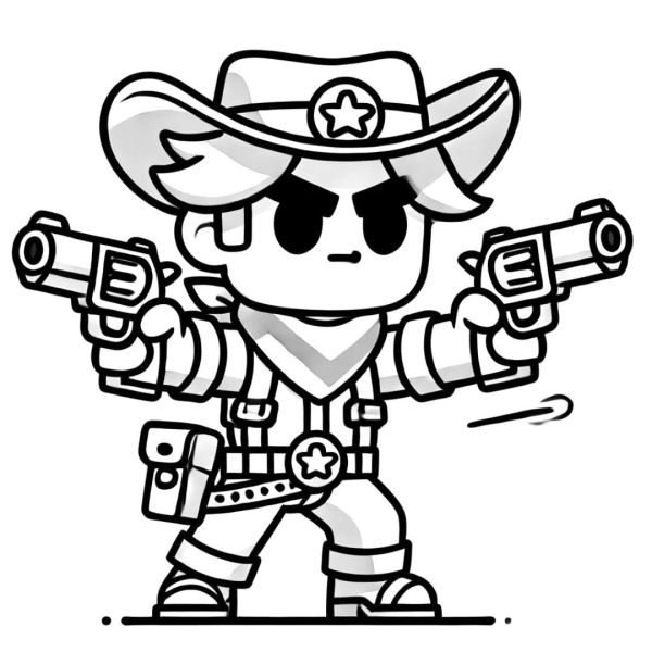 Coloring Colt from Brawl Stars in shooting position with his two pistols.