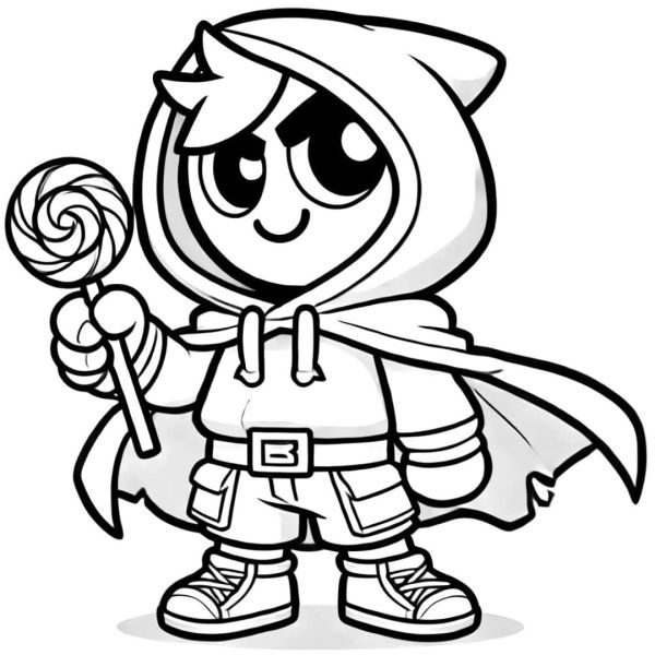 Leon from Brawl Stars coloring page with a hoodie and a lollipop, to print.