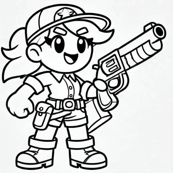 Coloring page of Shelly from Brawl Stars, armed with her rifle, to print.