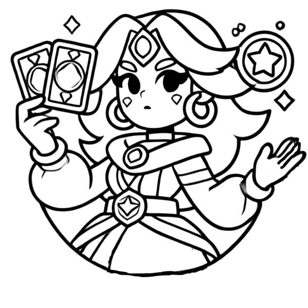 Coloring page of Tara from Brawl Stars with her tarot cards, to print.