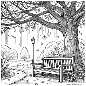 Coloriage banc sous un arbre en automne, avec des feuilles tombant doucement.