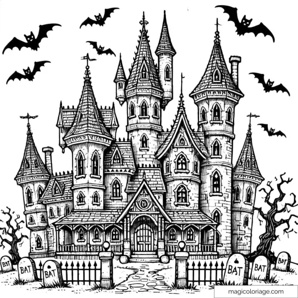 Haunted castle coloring page for Halloween, with twisted towers.