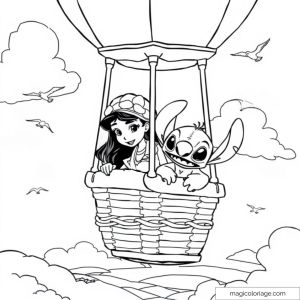 Coloriage à imprimer de Stitch et Lilo dans une montgolfière survolant les nuages, entourés d'oiseaux.