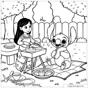 Coloriage à imprimer de Stitch et Lilo en train de faire un barbecue dans le jardin.
