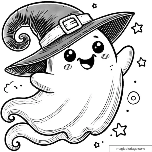 Coloring page of ghost with witch hat for Halloween.