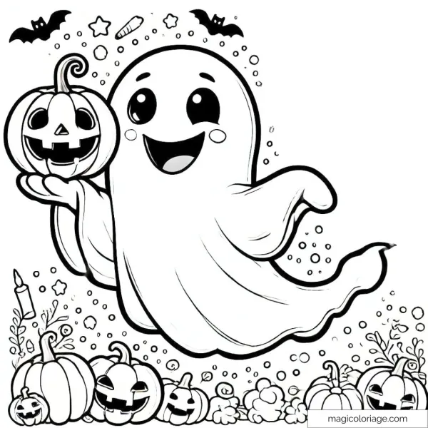 Coloring page of a ghost with a Halloween pumpkin.