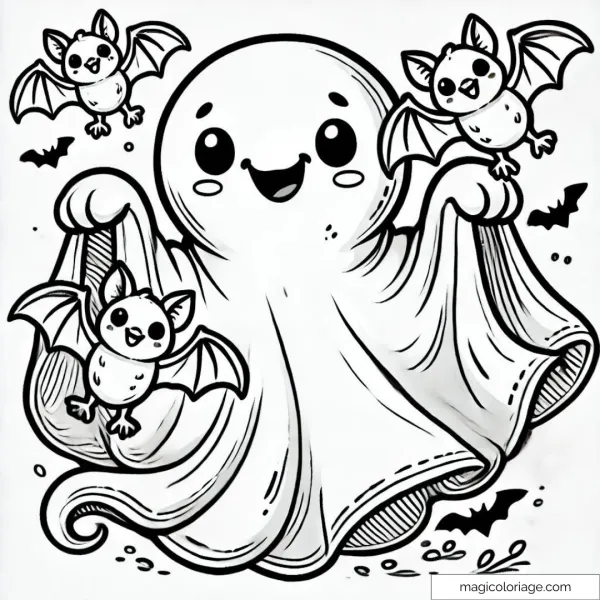 Coloring page of ghost holding bats for Halloween.