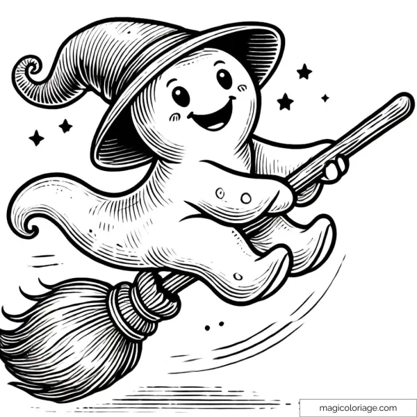 Coloring page of ghost flying on a broom for Halloween.