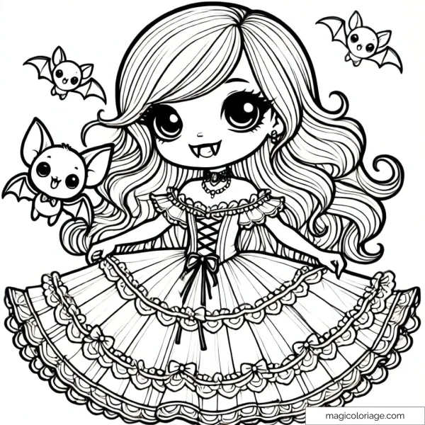 Coloring page of smiling vampire girl with a bat, perfect for Halloween.