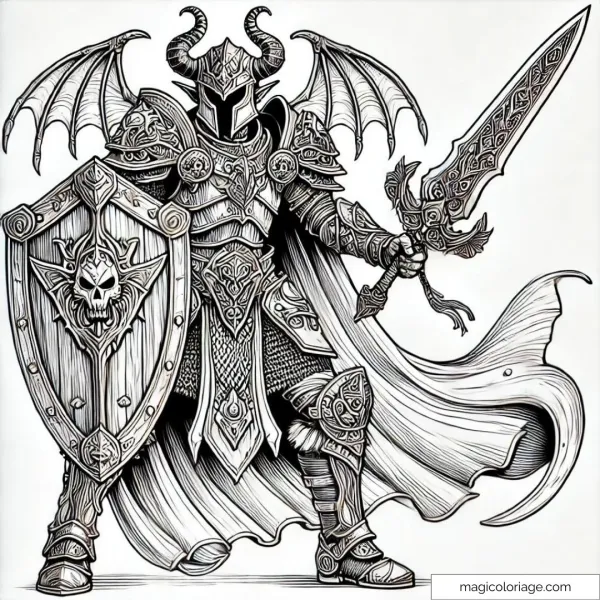 Coloring page of vampire warrior with shield and sword, perfect for Halloween.