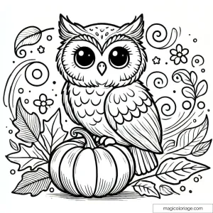 Coloriage d'un hibou assis sur une citrouille avec des feuilles d'automne, à imprimer pour les enfants.