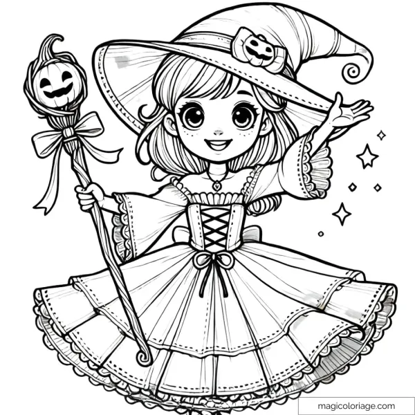 Coloring page of a happy young witch with a magic stick for Halloween.