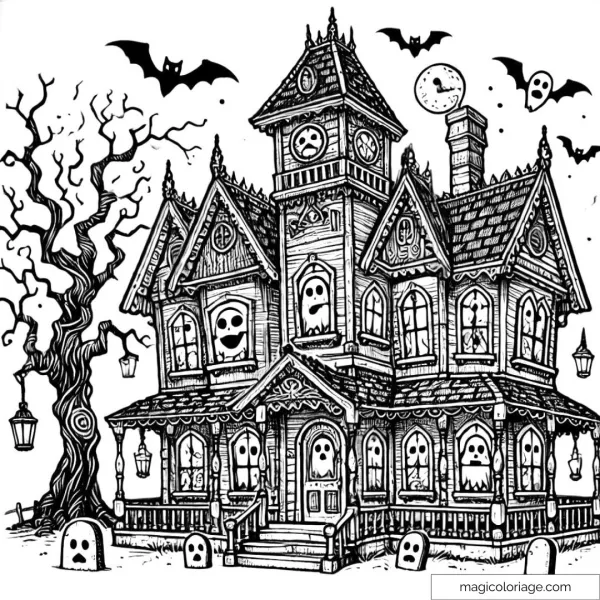 Haunted house coloring page for Halloween with crooked windows.
