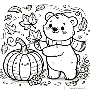Coloriage d'un ours tenant une feuille d'automne avec une citrouille, parfait pour une activité d'automne à imprimer et colorier.