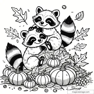 Coloriage de ratons laveurs jouant dans un tas de feuilles d'automne avec des citrouilles, parfait pour les enfants à imprimer.