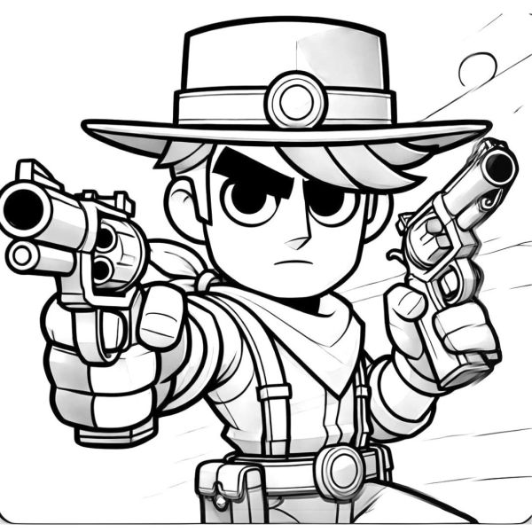 Realistic coloring of Colt from Brawl Stars with his pistols in firing position.