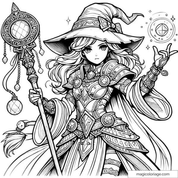 Coloring page of warrior witch in armor with magic staff.
