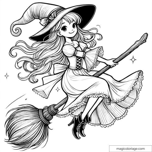 Coloring page of a witch flying on a broom, ideal for Halloween.