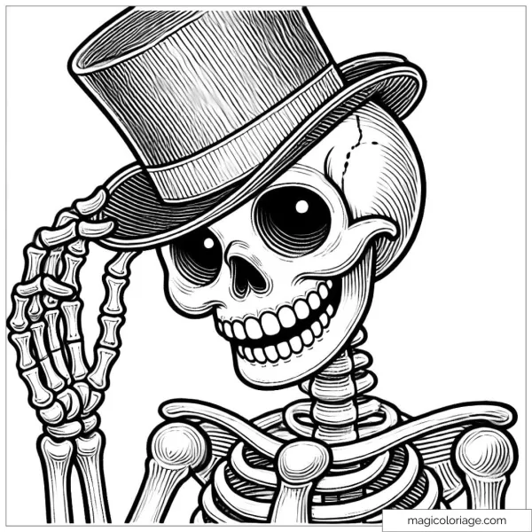 Coloring page of a skeleton with a top hat for Halloween.