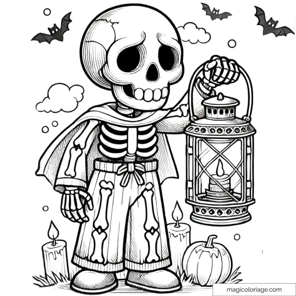 Coloring page of skeleton with lantern for Halloween.