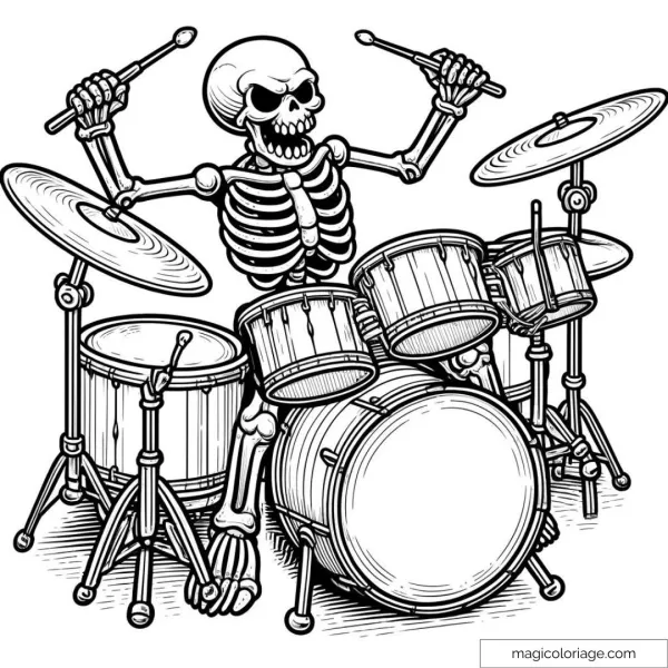 Coloring page of skeleton playing drums for Halloween.