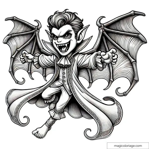Vampire coloring page with bat wings for Halloween.