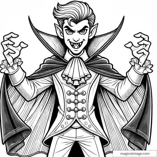 Vampire coloring page with cape and fangs, perfect for Halloween.