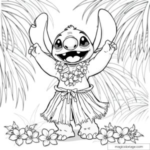 Dessin à colorier de Stitch en tenue hawaïenne avec une jupe de paille et un collier de fleurs, à imprimer pour enfant.