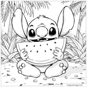 Dessin à colorier de Stitch mangeant une pastèque, à imprimer pour les enfants.