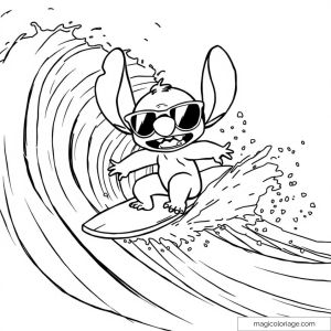 Dessin à colorier de Stitch sur une planche de surf, prêt à imprimer pour enfan