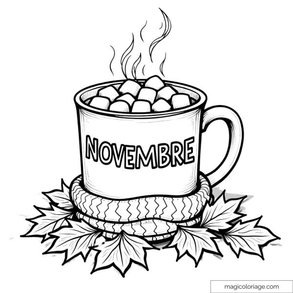 Coloring page of a cup of hot chocolate with marshmallows and autumn leaves around, celebrating the month of November. Free printable drawing.