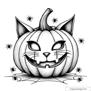 Coloriage d'une citrouille d'Halloween sculptée en forme de tête de chat avec des araignées. Dessin gratuit à imprimer.